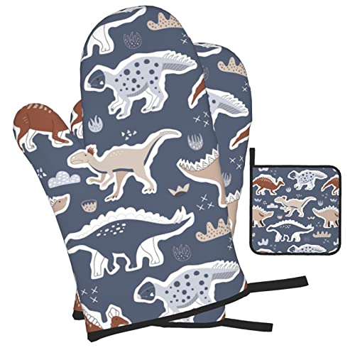 Afhyzy Dino Oven Mitts And Pot Holders Sets For Kitchen Heat Resistant Oven Mit Gloves Non Slip Hot Pads For Cooking Grill Dinosaur #TOP7