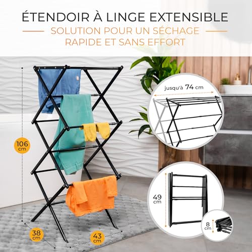 Sechoir a linge extensible et pliable avec 11 barres d'étendage blanches