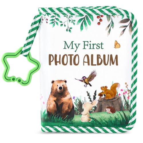 Image of Baby's My First Family Album Soft Photo Cloth Book Greenery Bear My First Book of Photos Baby Memory Album Gift Holds 4x6 Pictures for Babies Newborn Toddler & Kids Girls Baby Shower