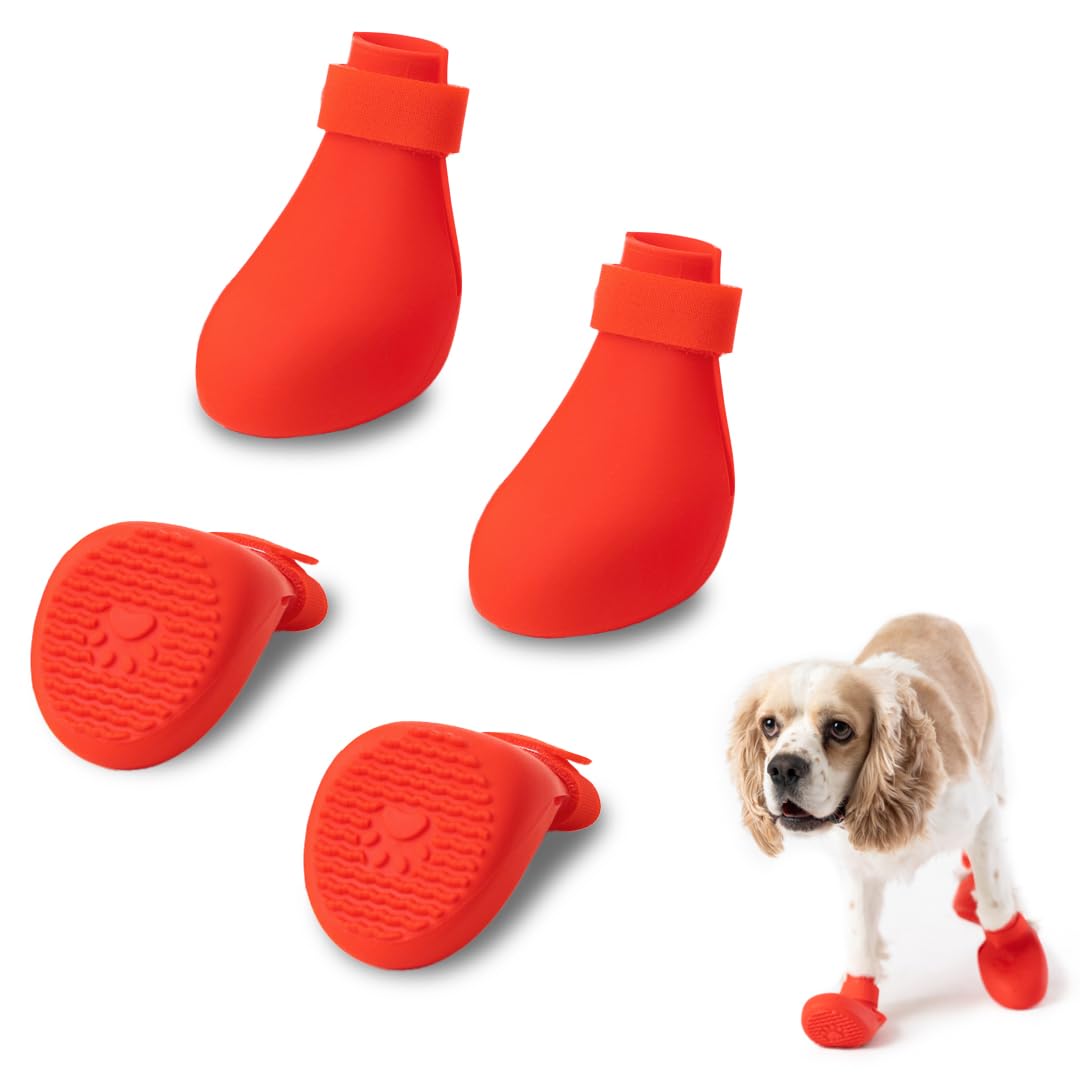 Happy Three Bright Red Dog Shoes – Protective Pet Boots for Hot Pavement and Cold Weather – Outdoor Dog Footwear for Summer, Winter, and All-Season Traction