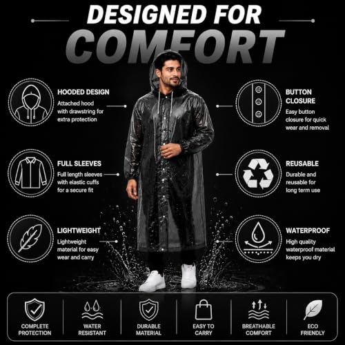 Image of Full Length Waterproof Raincoat for Men & Women | Hooded Transparent Rain Wear with Sleeves | Reusable Long Rain Jacket for Bike Riding, Travel, Camping & Monsoon Protection
