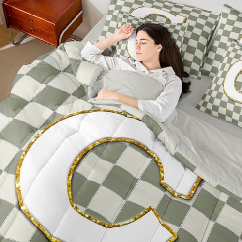 Image of Erosebridal Sage Green Checkered Queen Bedding Set 7 Piece Plaid Initial C Bed in A Bag with Sheets Personalized Monogram Comforter Set for Kids Adults,Fashion Grids Gingham Bed Sets