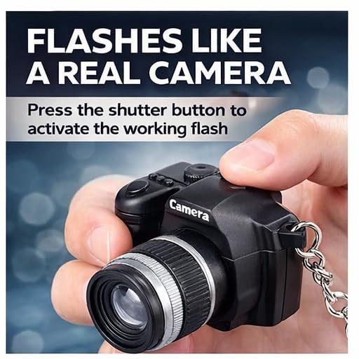 Image of Mini Camera Keychain Toy with Flash Light & Shutter Sound - DSLR Style Key Ring with Chrome Finished Big Ring - Fun Novelty Gift for Kids, Boys, Girls, Return Gifts & Bag Charm