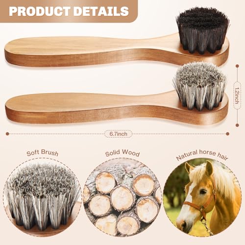 Image of 4 Pcs Horsehair Shine Shoes Brush Kit Polish Dauber Applicators Cleaning Leather Shoes Boots Care Brushes Suede Cleaner Brush with Microfiber Shoe Cloth(Wooden Handle B)