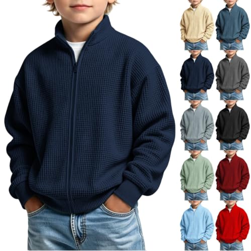 hcduwoeuk Boys Sweatshirts Waffle Knit Plain Long Sleeve Full Zip Up Jacket