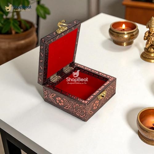 Image of Wooden Jewellery Box for Women - Marigold Gold | Handcrafted Pichwai Design with Lock | 4x4 Inch Organizer for Earrings Rings | Return Gift for Wedding Diwali Pooja