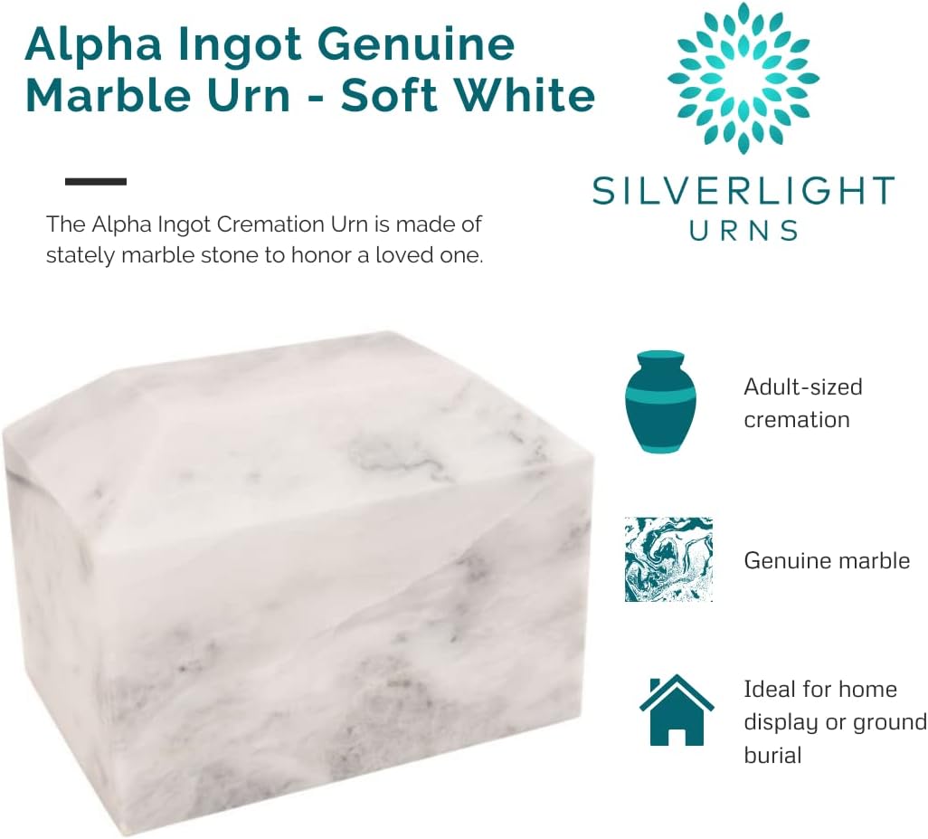 Alpha Ingot Soft White Genuine Marble Urn, Adult Cremation Urn for Ashes, White Stone Urn for Burial