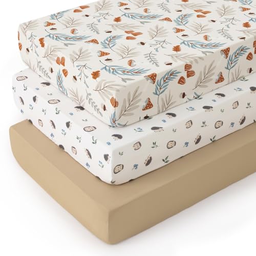 Image of PHF 3 Pack Soft Leaf&Mushroom Crib Sheets Fitted, Comfy Breathable Baby Sheets for Boys Girls, 28x52 Inches Fits Standard Crib and Toddler Mattresses, Leaf&Mushroom