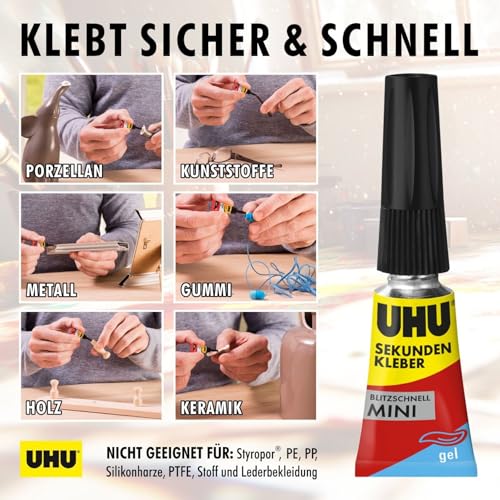 UHU Sekundenkleber extra stark | 3x1g Kleber Tuben mit Aufbewahrungsbox | Sekundenkleber Gel für Kunststoff, Metall, Holz, Keramik, Porzellankleber | Superkleber & Kunststoffkleber