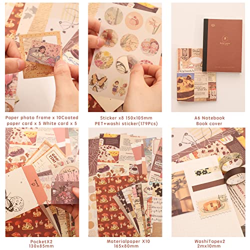Image of emmoolife 348 Pcs Scrapbooking Supplies Kit, Vintage Aesthetic Scrapbook Kit for Bullet Junk Journal, Stationery, A6 Grid Notebook, DIY Journaling Supplies, Birthday Craft Gift for Teen Girl Women