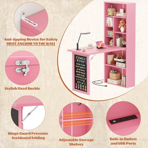 Image of Armocity Small Folding Desk with Outlets, Convertible Writing Desk for Small Spaces /Home Office /Craft Room, Multi-Function Desk Workstation with Blackboard, Fold-Out Cabinet Table, Pink