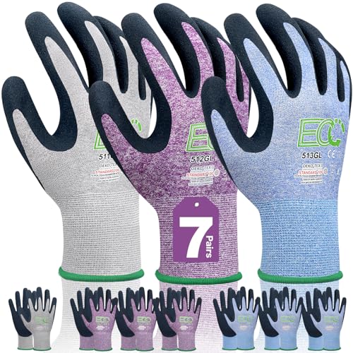 Image of 7 Pairs Women Gardening Gloves, EN388 2131X Outdoor Protective Work Gloves with Breathable Micro-Foam Coating for Gardening, General Purpose, Courtyard, 3 Purple + 3Blue +1 Grey | 3 Purple + 3 Blue + 1 Gray, Breathable Nylon Knit, Secure Grip, Recycled PET, Ideal for Gardening, Yard & General-Purpose