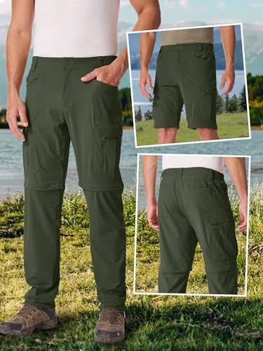 Mens Hiking Convertible Cargo Pants Lightweight Quick Dry Zip Off Waterproof Outdoor Safari Travel Fishing Hunting Tactical Pants,227,Army Green-30 - Thumbnail 2