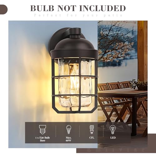 Image of Emliviar Rustic Outdoor Wall Lanterns 2Pcs, Exterior Nautical Wall Sconce, Outside Wall Lamps with Water Ripple Glass in Oil Rubbed Bronze Finish, GE255BL-2PK ORB-WG