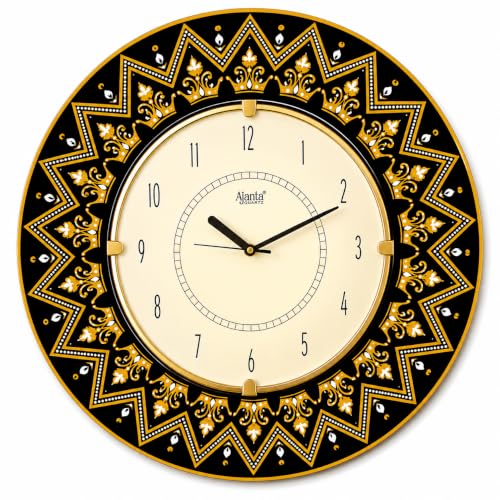 Image of Ajanta Quartz 16-Inch Round Wall Clock (41 x 41 cm) ? Premium Black & Gold Royal King Star Design | Decorative Ethnic Wall Watch with Tick-Tack Sound for Living Room, Home and Office
