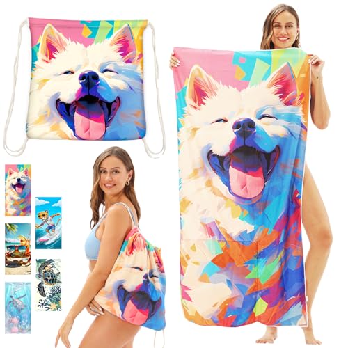 CWENDANER Strandtuch Mikrofaser Handtuch Badetuch, Rucksack Strandtuch Badetuch, 140x70 cm Saugfähig und Schnell Trocknende Sandfrei, für Strand, Reise, Schwimmen(Smiley-Hund)