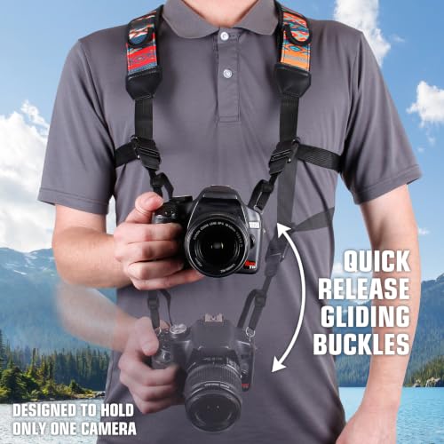 Image of USA Gear DSLR Camera Strap Chest Harness with Quick Release Buckles, Southwest Neoprene Pattern and Accessory Pockets - Compatible with Canon, Nikon, Sony Point and Shoot and Mirrorless Cameras