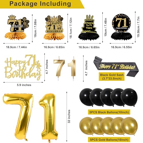 Image of 71st Birthday Decorations for Men, Black Gold 71st Party Decoration Kits | 27pcs Happy 71st Birthday Set, Banner, Honeycomb, Balloons, Gold Number, Candle, Hanging Swirls, Cake Topper, Party Supplies