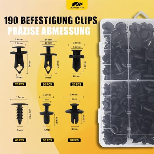 MIKKUPPA 190 Stück Universal Auto Befestigungsclips, 6 Arten Karosserie Clips Kunststoff Spreiznieten Clipssatz für Automobile
