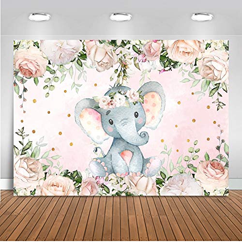 Mocsicka Elephant Baby Shower Backdrop 7x5ft Gender Reveal Cute Elephant Floral Photo Booth Backdrops Elephant Birthday for Girl Photography Background