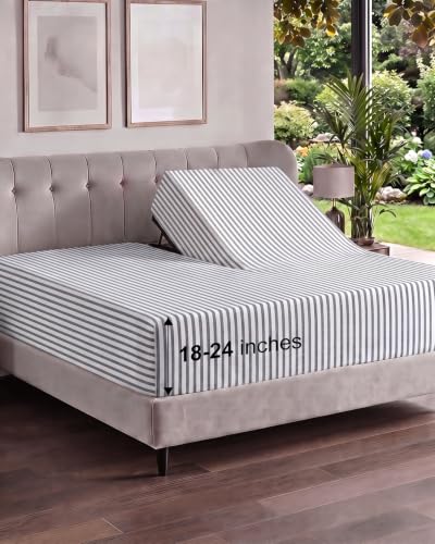 Image of Extra Deep Flex Top Split Head King Fitted Sheet - Hotel Luxury Single Fitted Sheet Only - Easily Fits 18 inch to 24 inch Mattress - Ultra Soft, Wrinkle Free w /Extra Deep Pockets - Grey Stripes 2