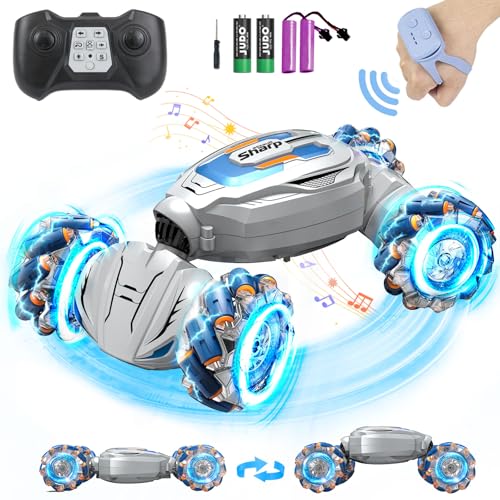 ZZPQ Gesture Sensing RC Stunt Car, 4WD Hand Controlled Remote Control Twist Car Toys for 6-12 yr Boys Girls - RC Car Gifts for Kids 6-8 8-13, 360° Rotating Transform Off Road w/Lights Music, Gray