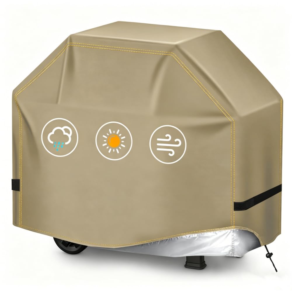 TIAOFY BBQ Gas Grill Cover for Outdoor, Anti-UV, Rip-Proof, 600D Oxford Fade Resistant Material, Barbecue Cover with Hook and Loop Straps & Adjustable Hem Drawstring (Beige, 44”x22”x42”)
