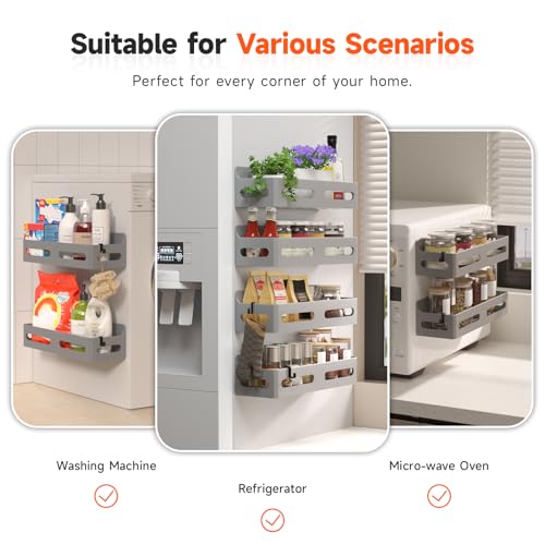 Image of Sevenblue 4-Pack Magnetic Spice Rack for Refrigerator with Hooks, Grey
