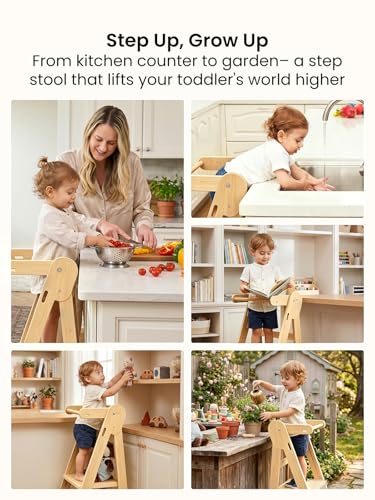 Image of Grownsy Foldable Step Stool Toddler Tower, Toddler Kitchen Stool Helper, Collapsible Kids Standing Tower with 3 Adjustable Heights for Kitchen Bathroom Sink Counter (Natural)