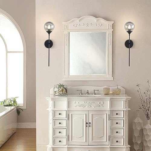 Image of KCO Lighting 1-Light Matte Black Mid Century Wall Sconce Set of Two Modern Bathroom Vanity Globe Wall Light Set of 2 Vintage Smoke Gray Glass Wall Bedroom Wall Lamp