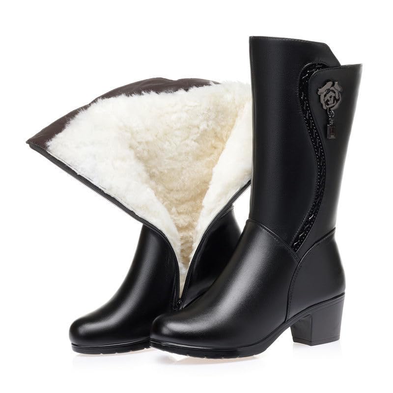 Womens Wool Lined Warm Winter Comfort Mid Block Heel Boots Anti Slip Zip Chunky Heel Fashion Classic Mid-calf