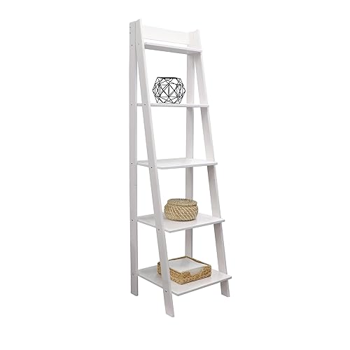 Solid Pine Wood 5 Shelf Ladder Bookshelf, White