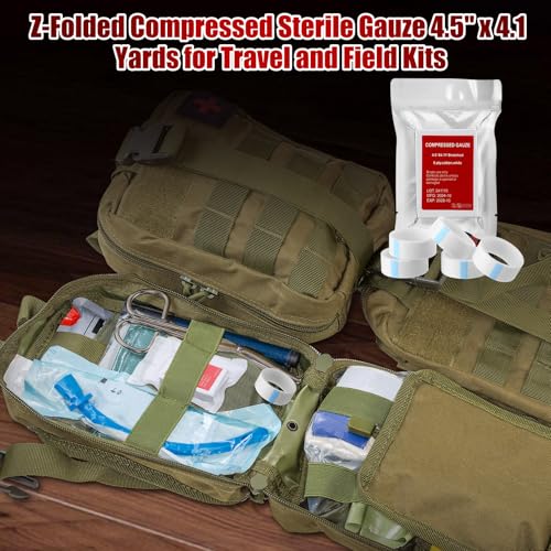 Image of Threlaco 10 Pcs Z-Folded Compressed Sterile Gauze 4.5 inch x 4.1 Yards Combat Gauze Trauma Pad 6-ply 100% Cotton for Emergency Wound Dressing, First Aid Ifak Supplies Trauma Kit