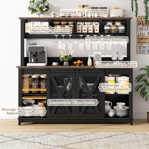 Image of 63 inchWide 58 inchH Farmhouse Coffee Bar Cabinet with Power Outlet and LED Light,Wine Bar Cabinet w / 4 Storage Hutch,Kitchen Buffet Cabinet with 15 Wine and Glass Racks for Kitchen Dining Room(Black)