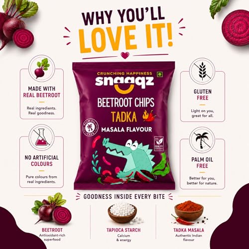 Image of Snaaqz Beetroot Chips Tadka Masala | Crunchy Vegetable Chips | Palm Oil Free | Vegan Gluten Free | Healthy Snack for Kids & Adults | 70g Pack of 2