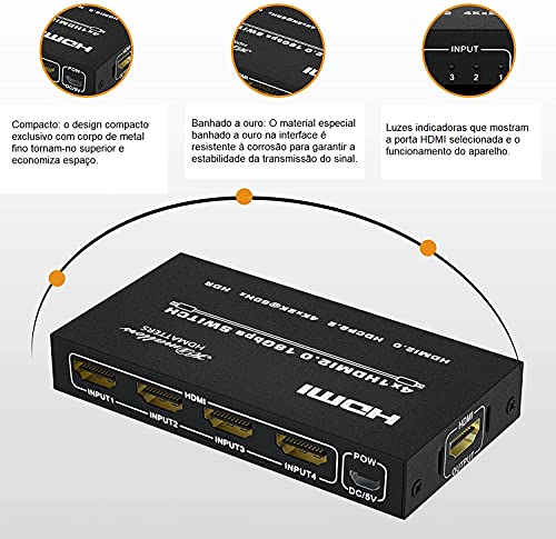 Chaveador Switch HDMI 4x1 4k 60Hz HDMI 2.0 HDR HDCP 2.2 IR