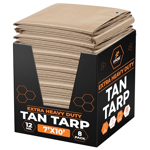 Heavy Duty Tan Poly Tarp 7' X 10' Bulk (8-Pack) - Multipurpose Protective Cover - Durable, Waterproof, Weather Proof, Rip and Tear Resistant - Extra Thick 12 Mil Polyethylene - by Xpose Safety