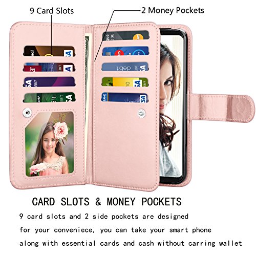 Njjex For Lg V35 Thinq Wallet Case, For Lg V30 / Lg V30 Plus/Lg V35 Case, Pu Leather [9 Card Slots] Id Credit Folio Flip [Detachable][Kickstand] Magnetic Clousure Cover & Wrist Strap [Rose Gold] #TOP1