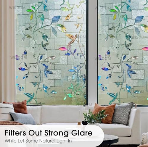 Image of WISDOM Premium Frosted Glass Window Film Self Adhesive Decorative Glass Window Privacy Sheet Film UV Control Removable Vinyl Privacy Film (Rainbow Leaves, 12x48 Inch)