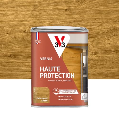 V33 Vernis bois extérieur Chêne moyen satin - Haute Protection - Haute résistance rayures et UV - Anti-goutte et tendu bon - Ecolabel - 1L