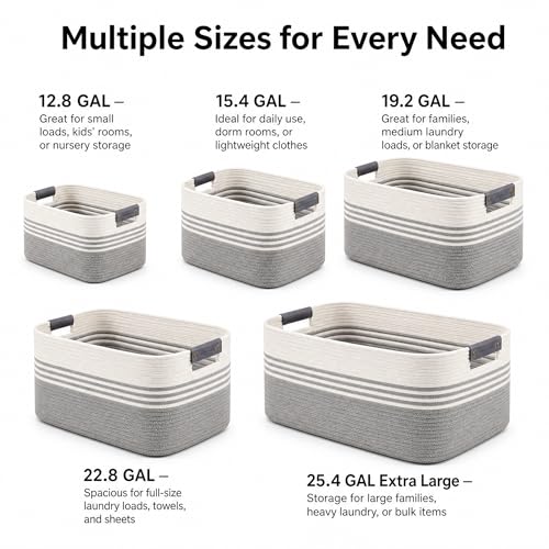 Image of Cotton Rope Laundry Basket Extra Large, 22.8GAL Collapsible Woven Storage Baskets for Living Room Kids Toys Stuffed Animal,Boho Rectangular Decorative Hamper for Dirty Clothes, Blankets White Grey