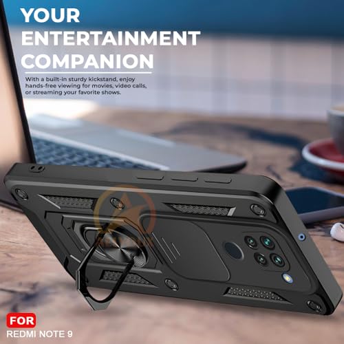 Image of Armor Bumper Back Cover Case for Redmi Note 9 Rotating Camera Cover, Ring Holder & Kickstand | Heavy Duty & 360 Degree Protection Redmi Note 9 Back Cover (Black)