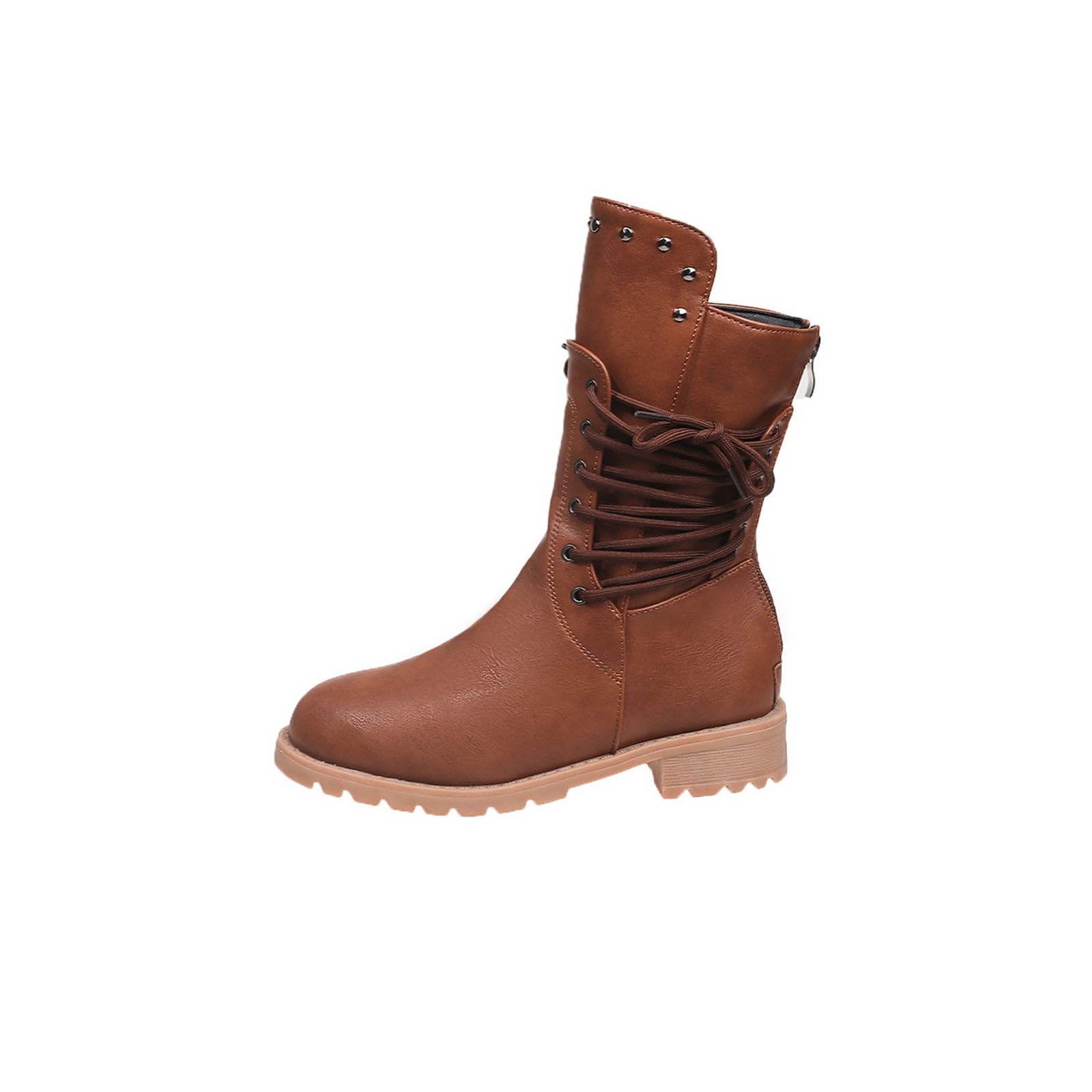 Women Ankle Booties Lace Up Rivets Stud Fashion Boots Round Toe Low Heel Non-slip Bootie Motorcycle Punk Combat