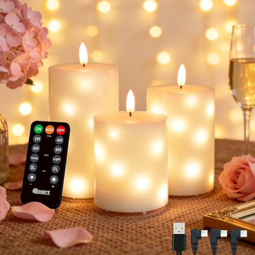 Image of LEDHOLYT Rechargeable Glass LED Flameless Candles, Embedded Star String Flickering Flameless Candles for Romantic Ambiance and Home Decoration with Remote & Timer(White)