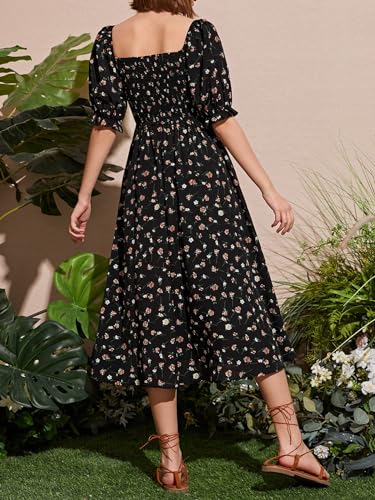 Floerns Girl's Floral Print Puff Short Sleeve Shirred A Line Long Dress2