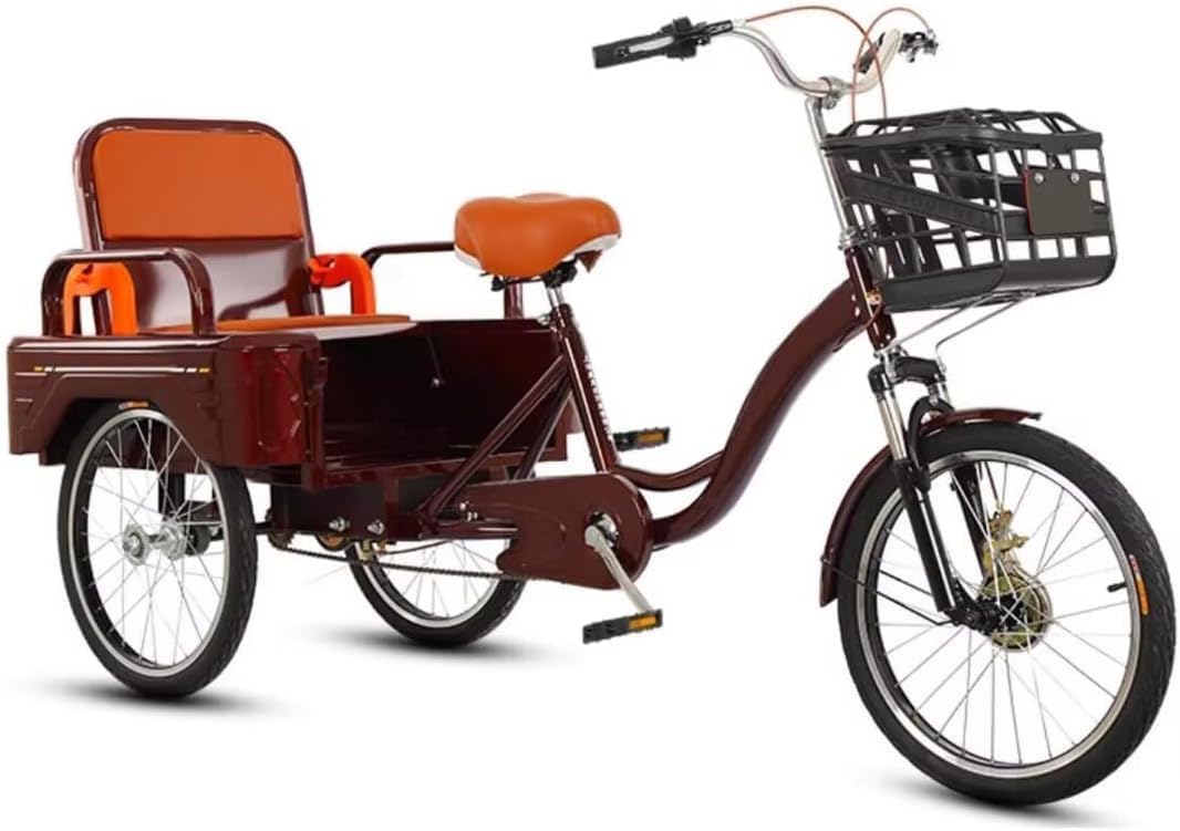 Cargo Trike with Back Cabin,Tandem Tricycle with Foldable Back Seat,Cruiser Trike for Adult and Senior,Hydraulic Front Fork,3 Wheels Bicycle,Rickshaw with Pedals