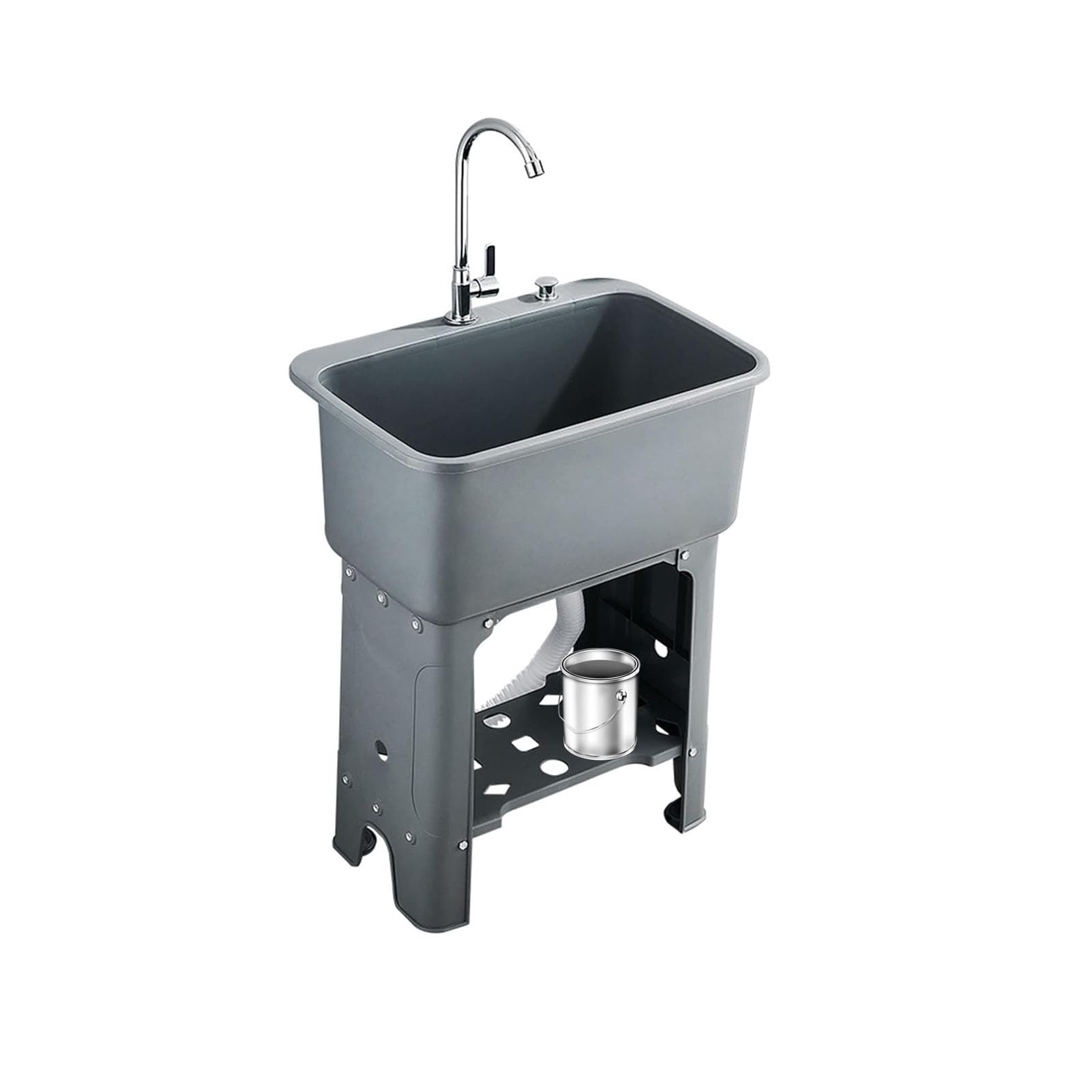 CZYWKDDPP Laundry,Grey,Freestanding Plastic Tub with Washboard,Faucet,Storage Shelf,Hoses and Drain Kit,Indoor Outdoor Utility for Garage Basement Garden (60X40X76cm)