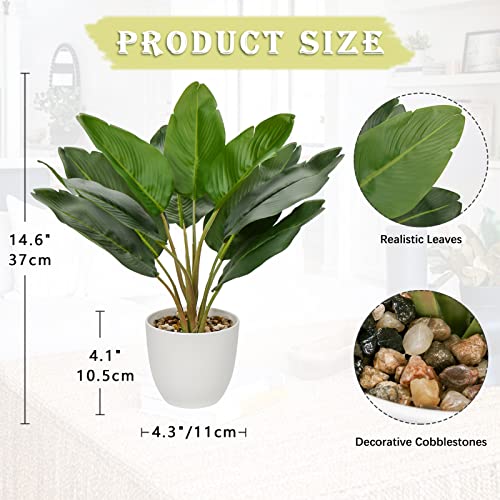 Hollyone Artificial Bird Of Paradise Plant In Pot, Fake Palm Tropical Potted Plant 15" Faux Plantain Banana Leaf Plant For Indoor Outdoor Home Desk Office Garden Decoration #TOP1