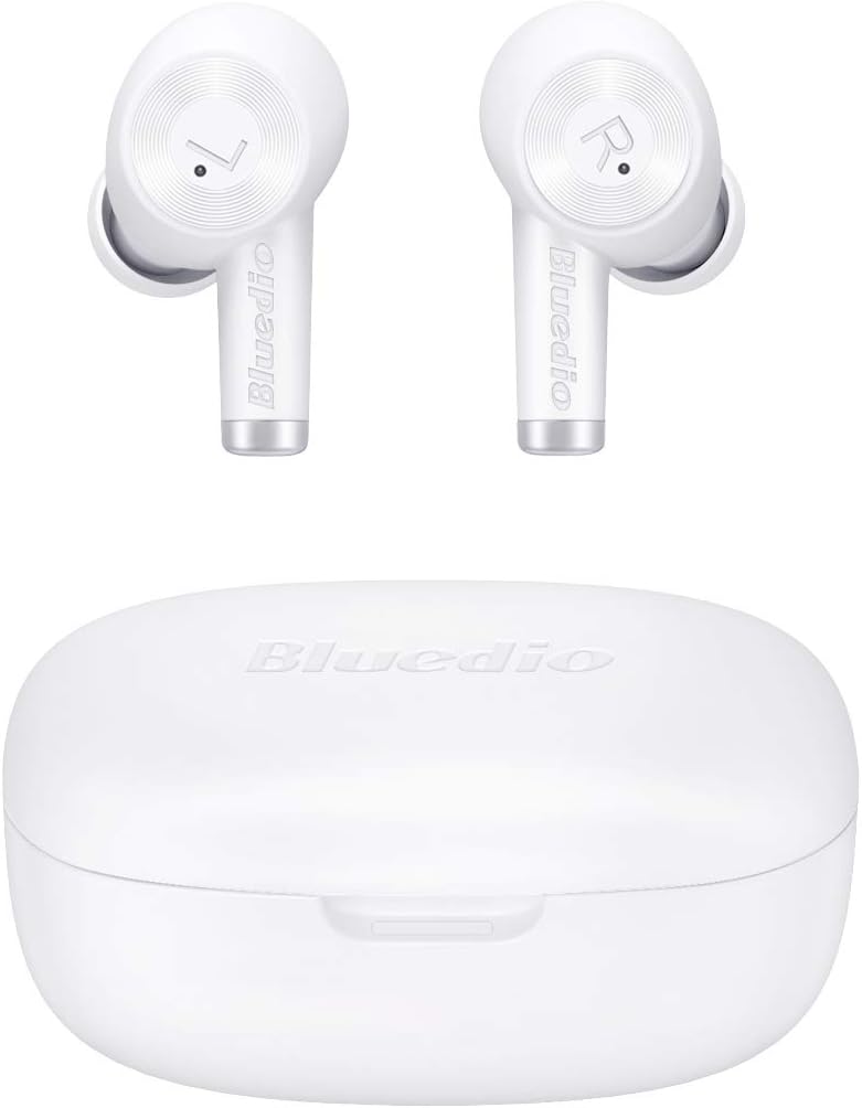 BluedioBluetooth Wireless Earbuds, Ei TWS Wireless Headphones in-Ear Earphones with Charging Case, 40Hrs Playtime, Car Headset Built-in Mic Support Wireless Charging for Cell Phone, Sport, White