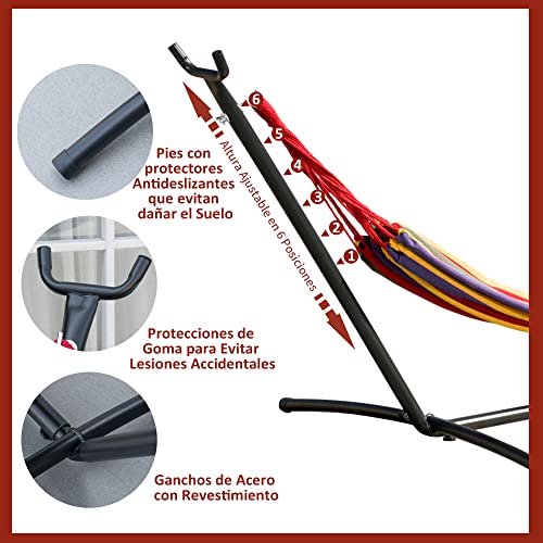 Outsunny Hamaca con Soporte de Acero Hamaca para Jardín Portátil con Altura Ajustable en 6 Niveles y Bolsa de Transporte para Patio Carga 120 kg 200x150 cm Multicolor - imagen 5